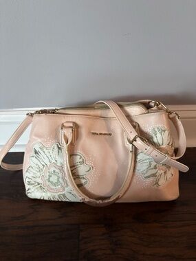 Vera Bradley Pale Pink Leather Floral Appliqué Satchel Handbag Purse